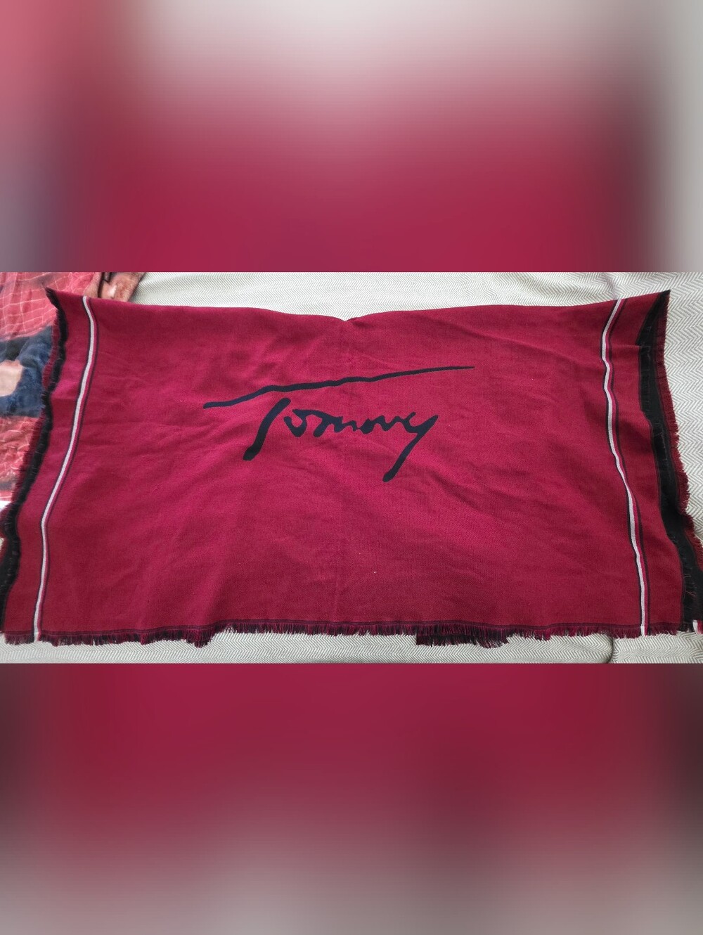 Tommy Script Poncho Deep Red with Navy